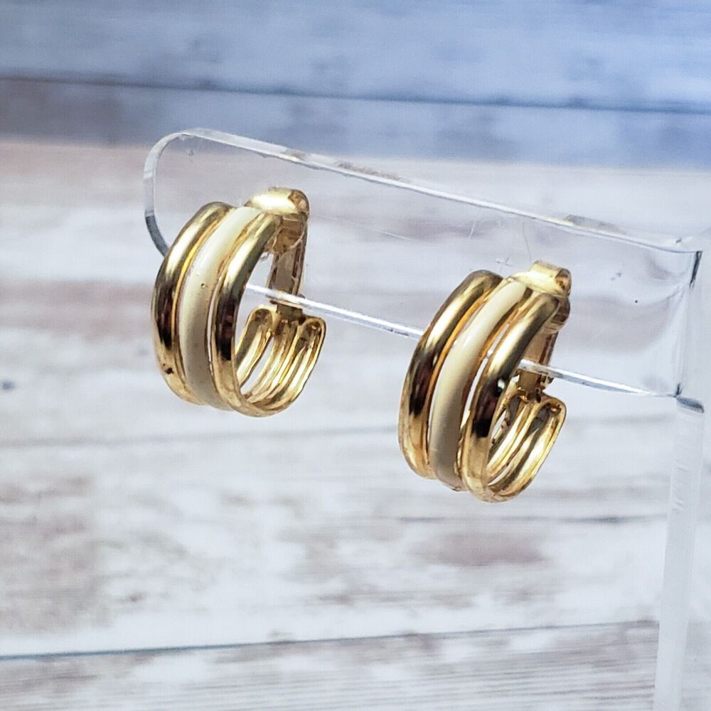 Vintage Clip On Earrings - Gold Tone & Cream Enamel Hoops 0.75"